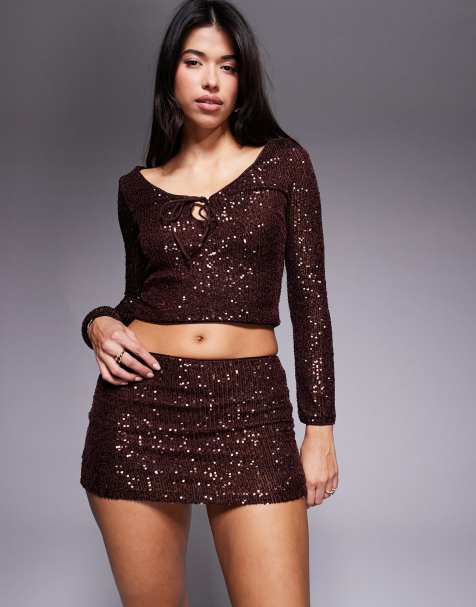 ASOS DESIGN all-over sequin micro mini skort in chocolate - view 1