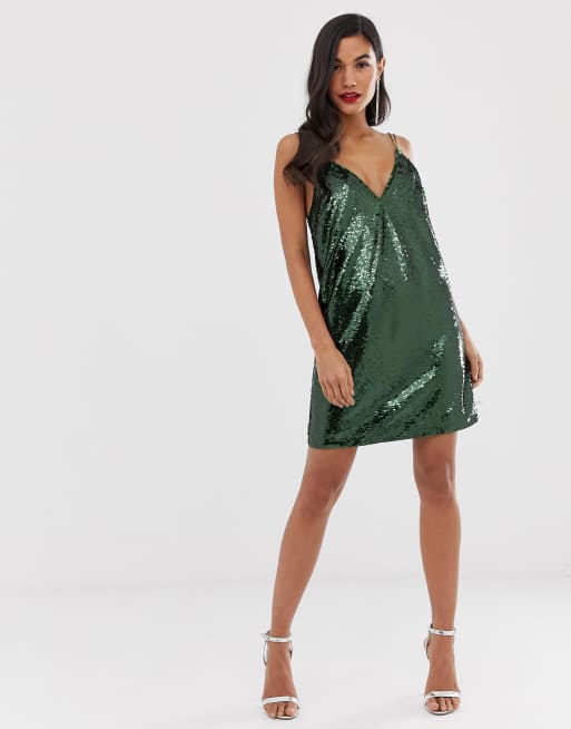 asos sequin cami mini dress ASOS DESIGN sequin embellished cami mini dress with belt in black
