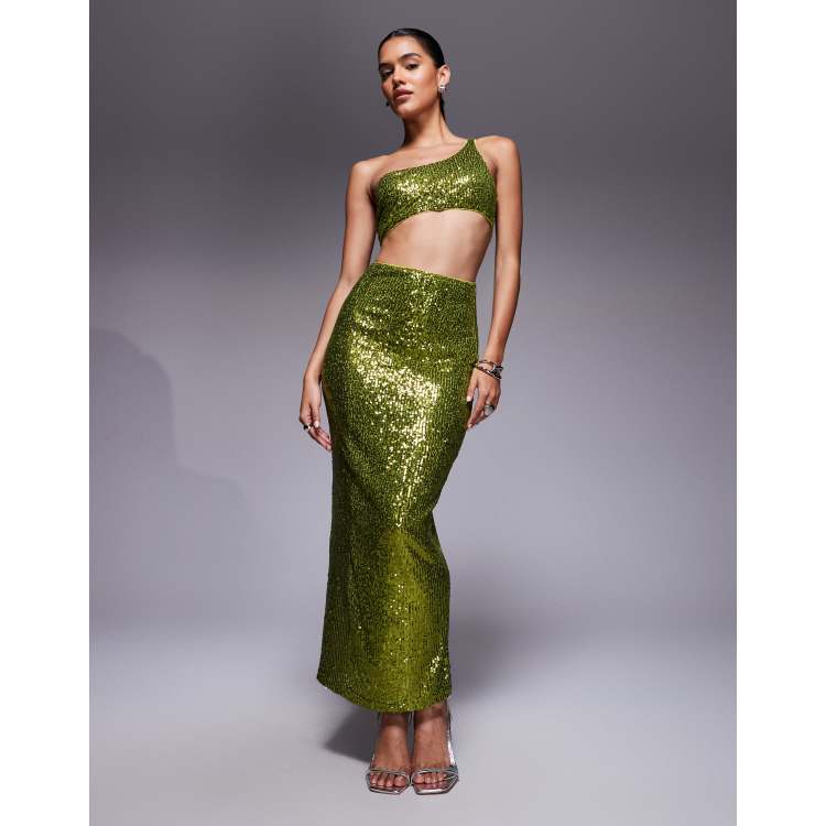ASOS DESIGN all over sequin one shoulder faux-ord midi dress in lime green  | ASOS
