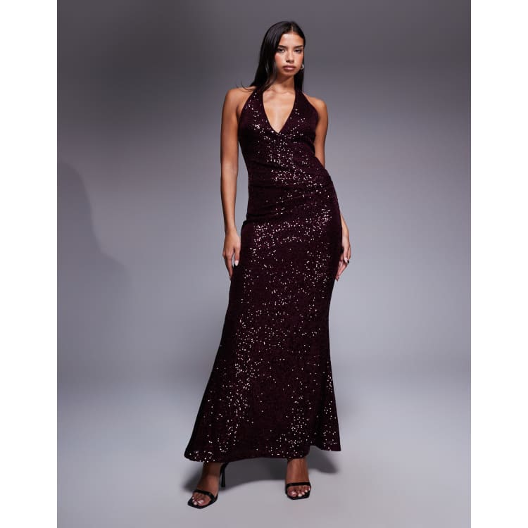 Plunge Neck Asos Sequin Blazer Dress ASOS DESIGN All Over Sequin Plunge  Maxi Dress In Burgundy
