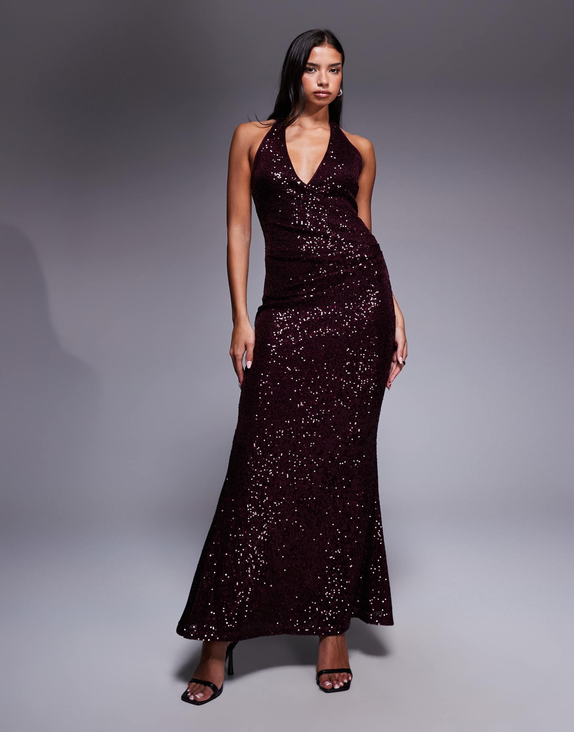 asos design all over sequin plunge maxi dress in burgundy