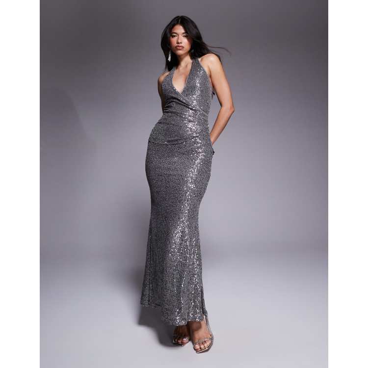 asos silver sequin dress ASOS DESIGN sequin one shoulder maxi dress with back strap detailing in  silver