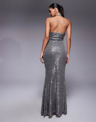 Asos Design All Over Sequin Plunge Maxi Dress In Gray
