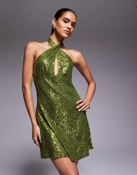 ASOS DESIGN all over sequin twist halter mini dress in olive green - view 1