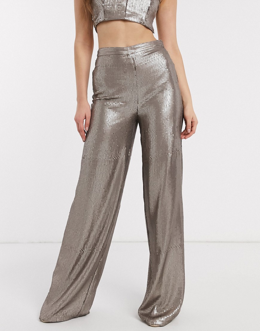 Asos Design All Over Sequin Wide Leg Trousers Two-piece-silver
