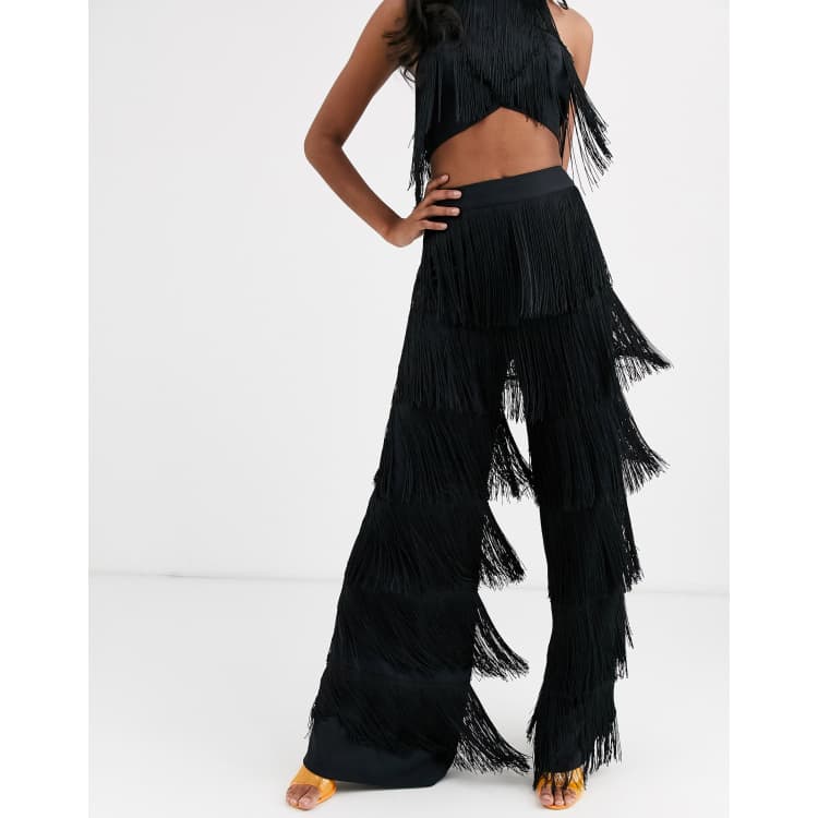 ASOS DESIGN all over tiered fringe wide leg pants two-piece