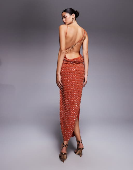 ASOS DESIGN allover embellished cowl neck drape midaxi dress with chain strap detail in rust