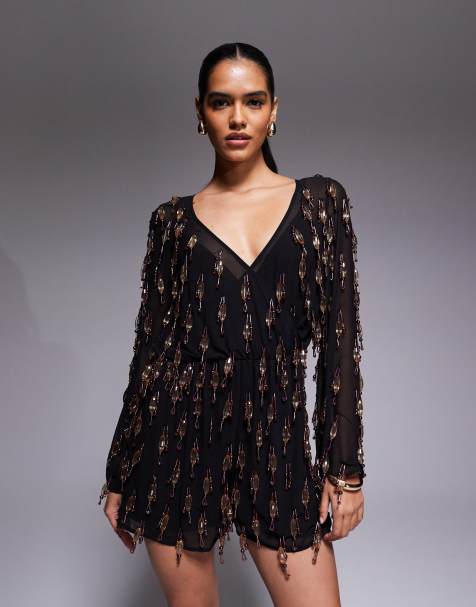 ASOS DESIGN allover embellished romper with blouson bodice in black - view 1