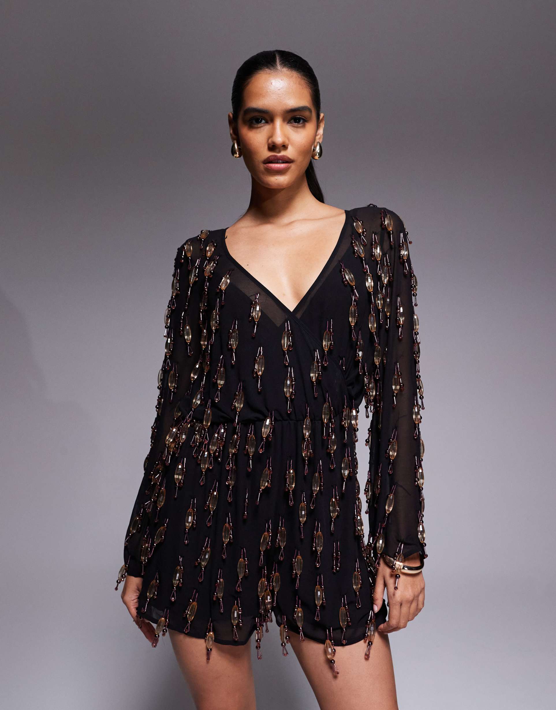 asos design allover embellished romper with blouson bodice in black