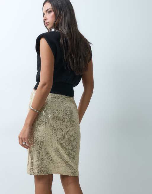 ASOS DESIGN allover sequin 90's slip pencil midi skirt in gold, 3 of 5