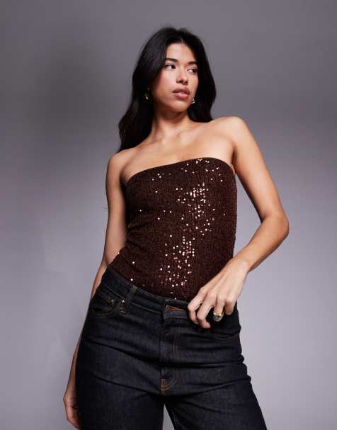ASOS DESIGN allover sequin bandeau bodysuit in chocolate - view 1