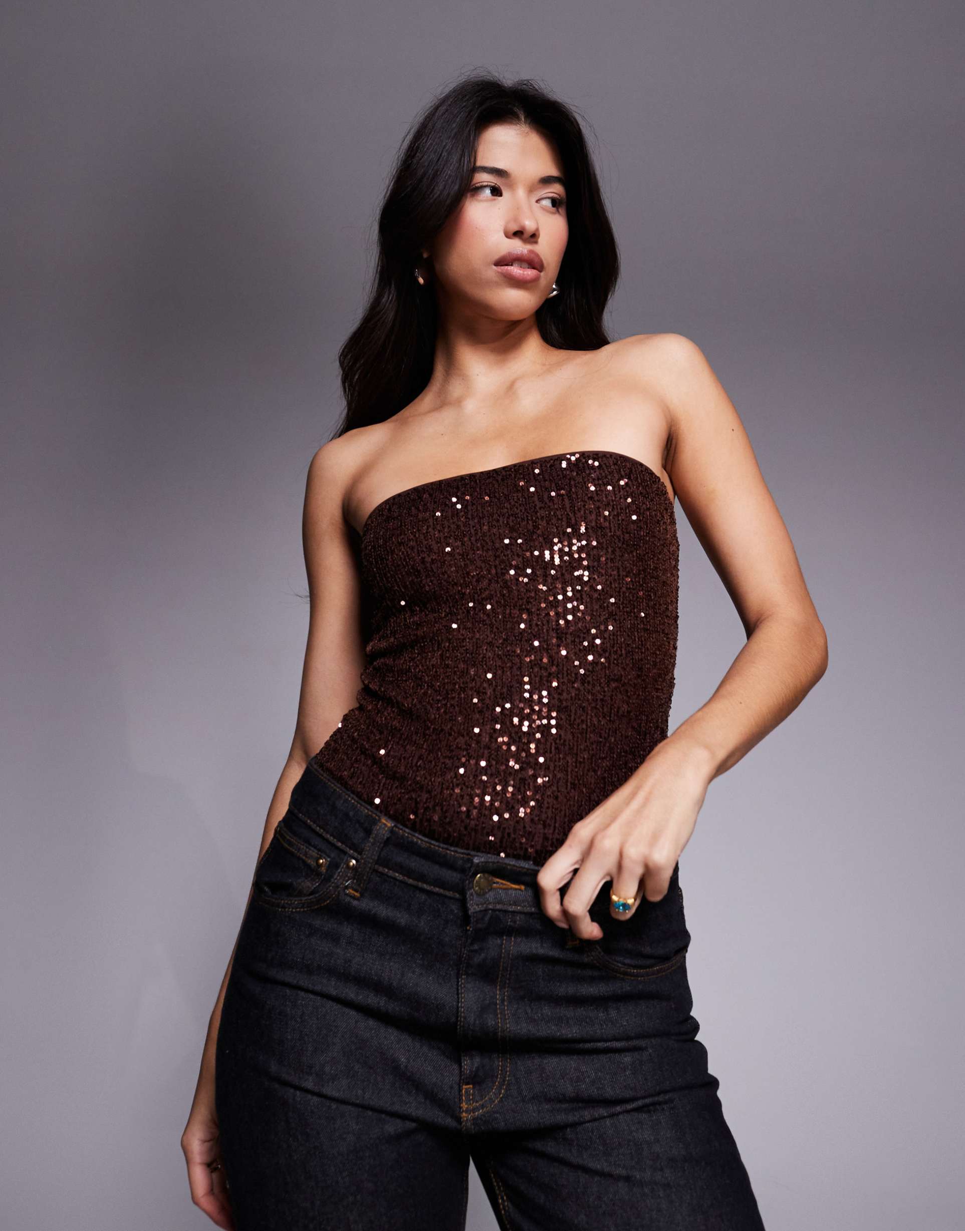 asos design allover sequin bandeau bodysuit in chocolate