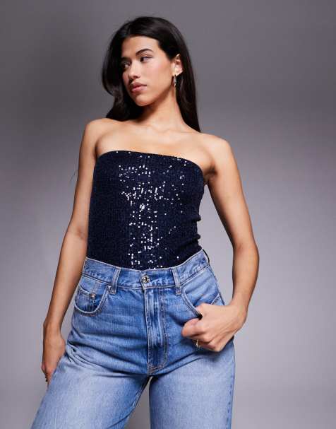 ASOS DESIGN allover sequin bandeau bodysuit in navy - view 1