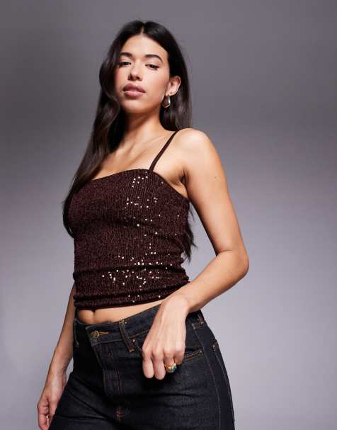 ASOS DESIGN allover sequin cami top in chocolate - view 1
