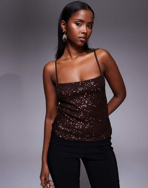 ASOS DESIGN allover sequin cami top in chocolate