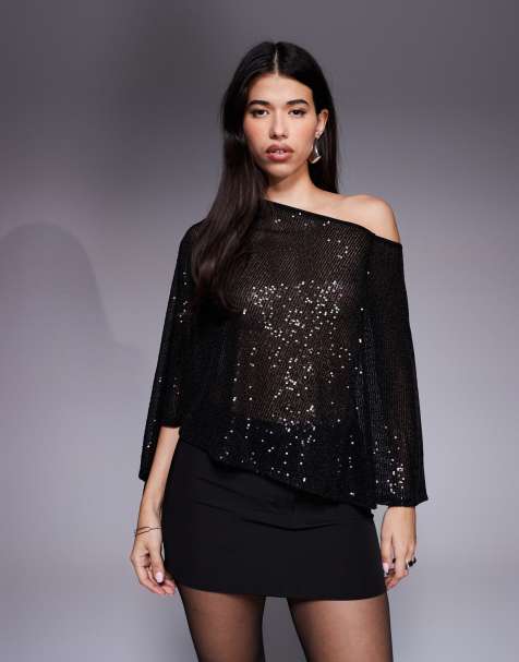 ASOS DESIGN allover sequin cape top in black - view 1