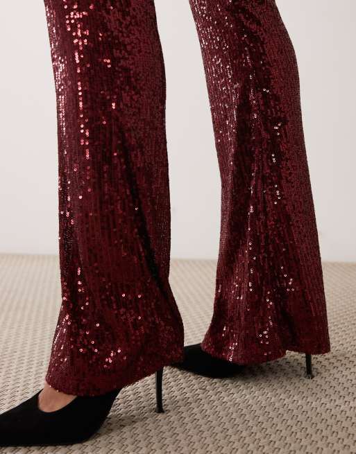 ASOS DESIGN allover sequin flare pants in berry, 4 of 5
