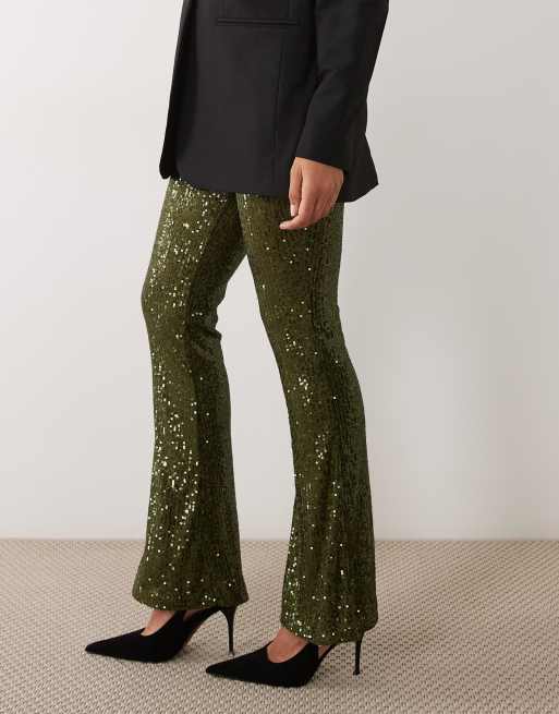 ASOS DESIGN allover sequin flare pants in dark olive, 3 of 5