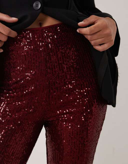 ASOS DESIGN allover sequin flare trousers in berry, 5 of 5