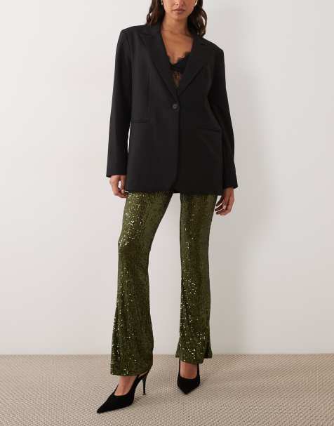 ASOS DESIGN allover sequin flare trousers in dark olive - view 1