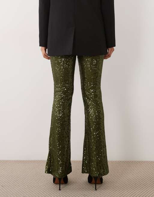 ASOS DESIGN allover sequin flare trousers in dark olive, 2 of 5