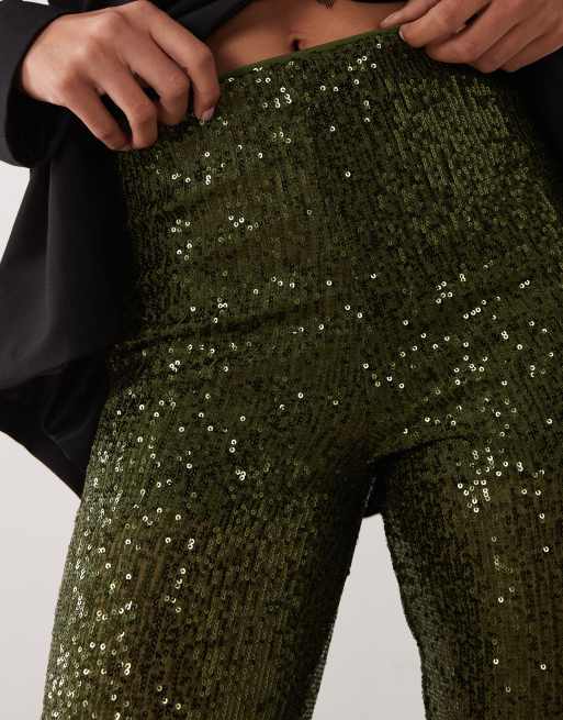 ASOS DESIGN allover sequin flare trousers in dark olive, 4 of 5