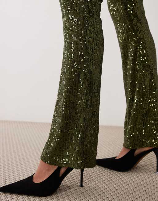 ASOS DESIGN allover sequin flare trousers in dark olive, 5 of 5