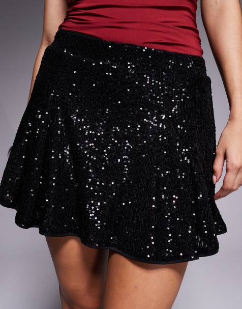 ASOS DESIGN allover sequin godet flippy mini skirt in black