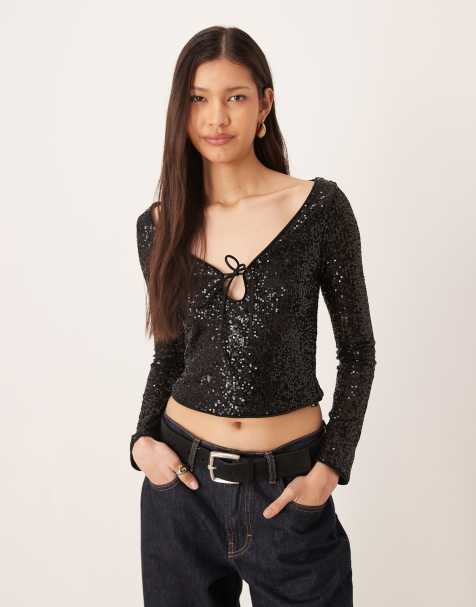ASOS DESIGN allover sequin keyhole long sleeve top in black