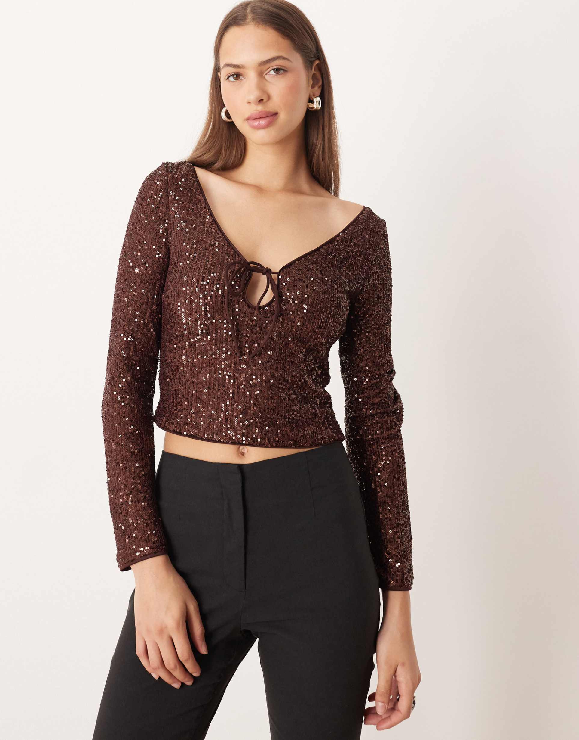 asos design allover sequin keyhole long sleeve top in chocolate