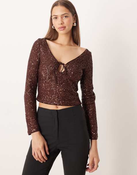 ASOS DESIGN allover sequin keyhole long sleeve top in chocolate