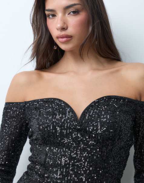 ASOS DESIGN allover sequin long sleeve plunge bardot top in black - view 1