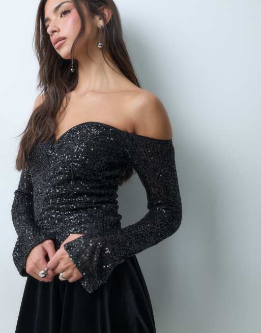 ASOS DESIGN allover sequin long sleeve plunge bardot top in black, 5 of 5