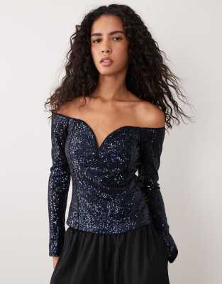 Asos Design Allover Sequin Long Sleeve Plunge Bardot Top In Navy