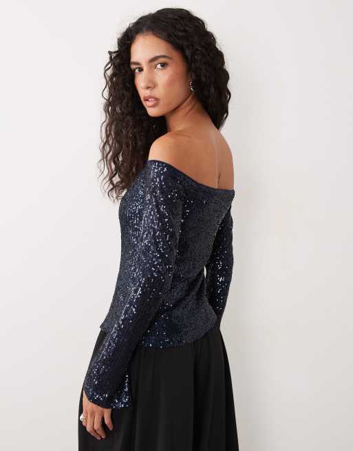 ASOS DESIGN allover sequin long sleeve plunge bardot top in inky blue, 2 of 4