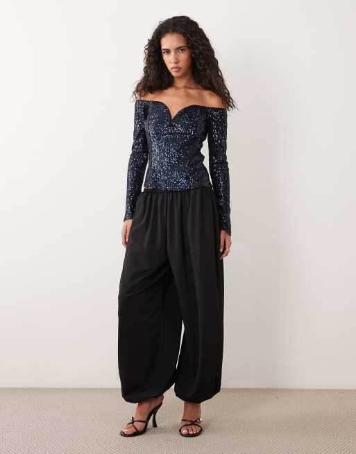 ASOS DESIGN allover sequin long sleeve plunge bardot top in inky blue, 3 of 4