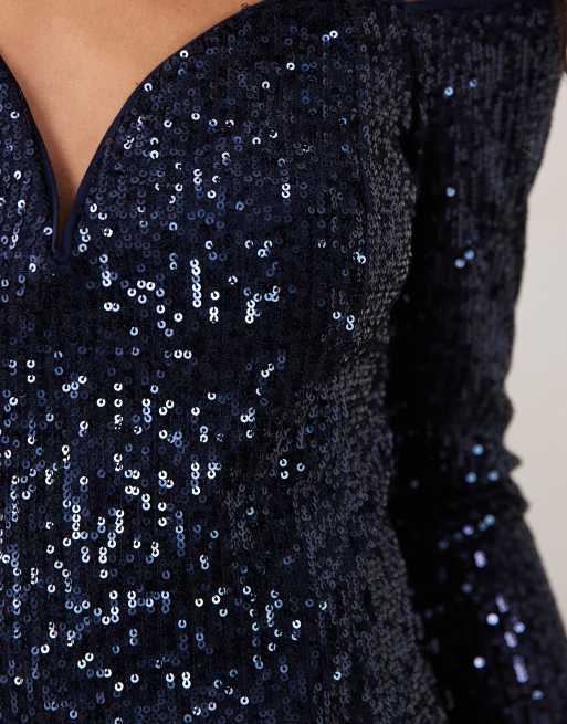 ASOS DESIGN allover sequin long sleeve plunge bardot top in inky blue, 4 of 4