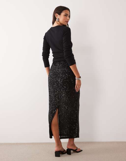 ASOS DESIGN allover sequin maxi skirt in black, 5 of 5