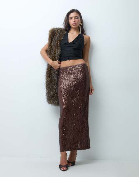 ASOS DESIGN allover sequin maxi skirt in chocolate - view 1