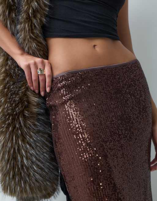 ASOS DESIGN allover sequin maxi skirt in chocolate, 2 of 5