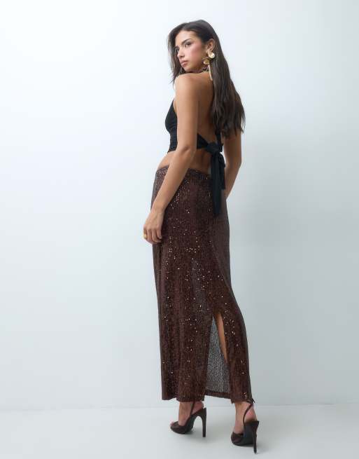 ASOS DESIGN allover sequin maxi skirt in chocolate, 3 of 5
