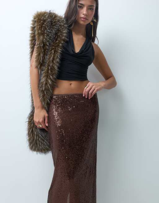 ASOS DESIGN allover sequin maxi skirt in chocolate, 5 of 5