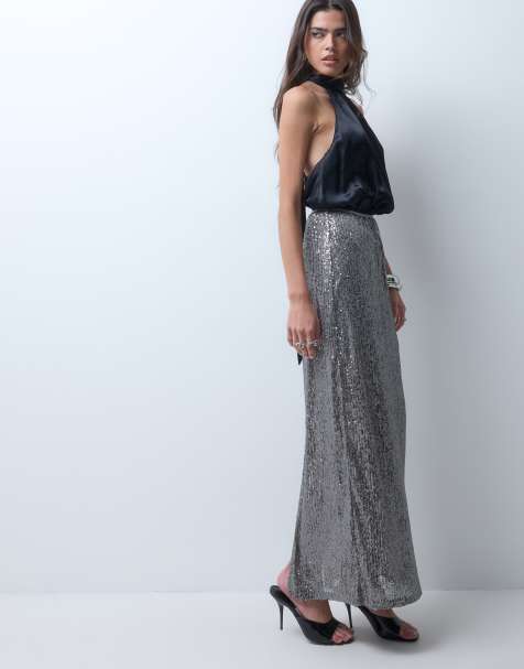 ASOS DESIGN allover sequin maxi skirt in gunmetal - view 1
