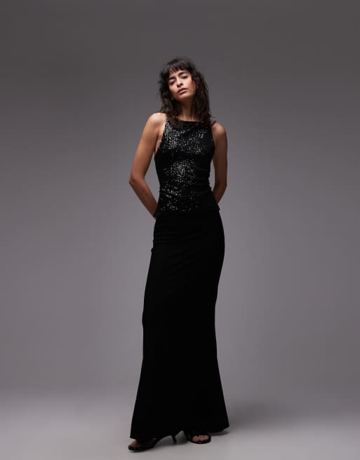 ASOS DESIGN allover sequin mesh boat neck cami top with tie back in black, 3 of 4