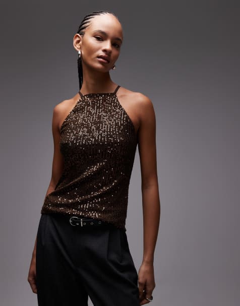 ASOS DESIGN allover sequin mesh halter top in brown - view 1