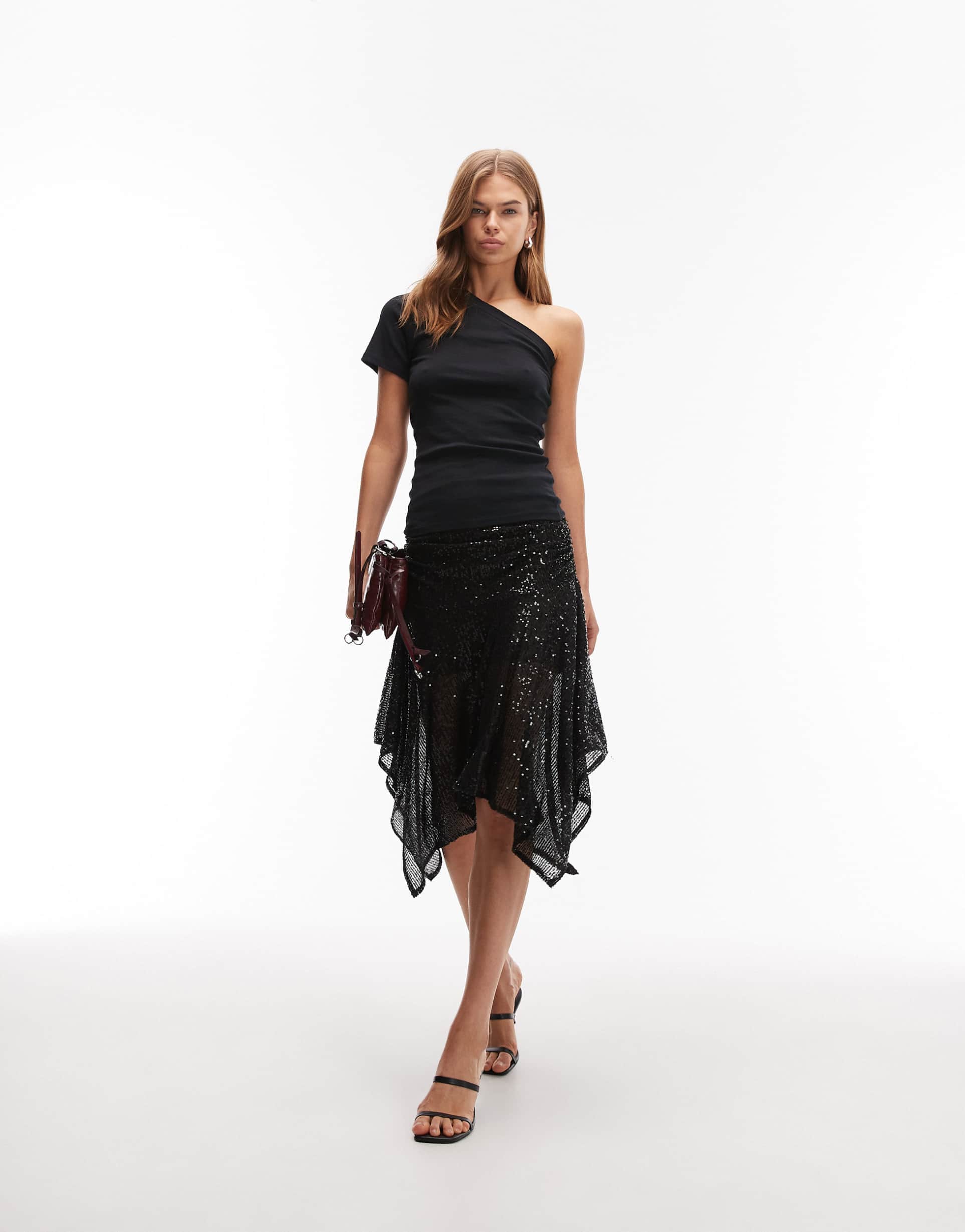 asos design allover sequin mesh handkerchief hem skirt in black