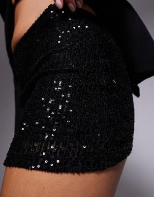 Asos Design Allover Sequin Micro Mini Skort In Black
