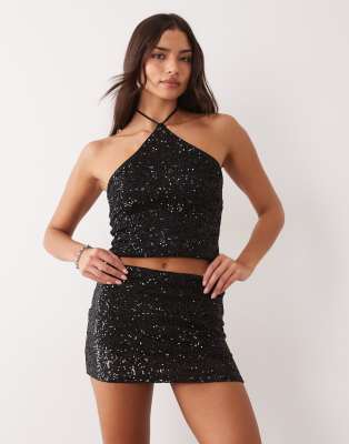 Asos Design Allover Sequin Micro Mini Skort In Black