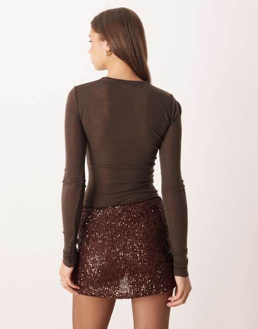 ASOS DESIGN allover sequin micro mini skort in chocolate, 5 of 5