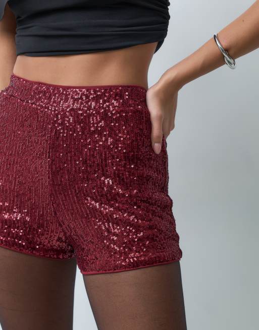 ASOS DESIGN allover sequin micro shorts in berry, 4 of 5